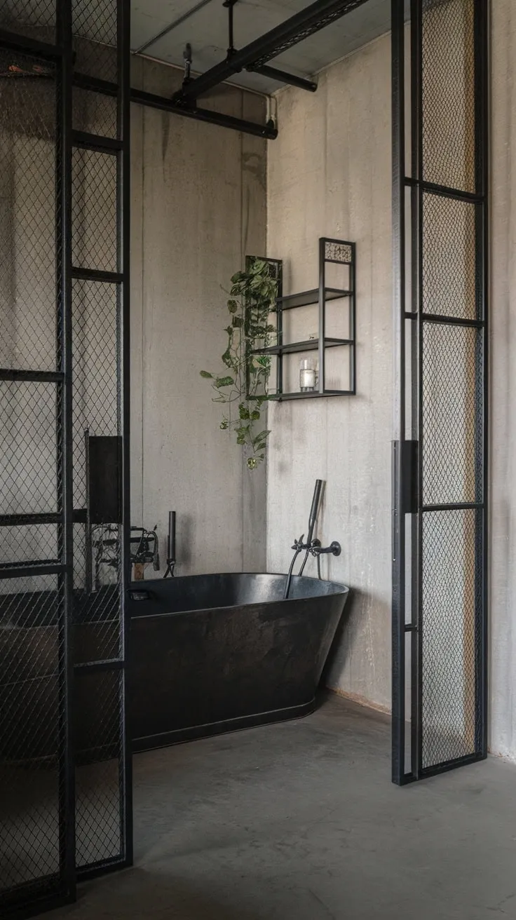 A modern industrial bathroom boasts a striking contrast of black metal accents against a raw concrete backdrop.