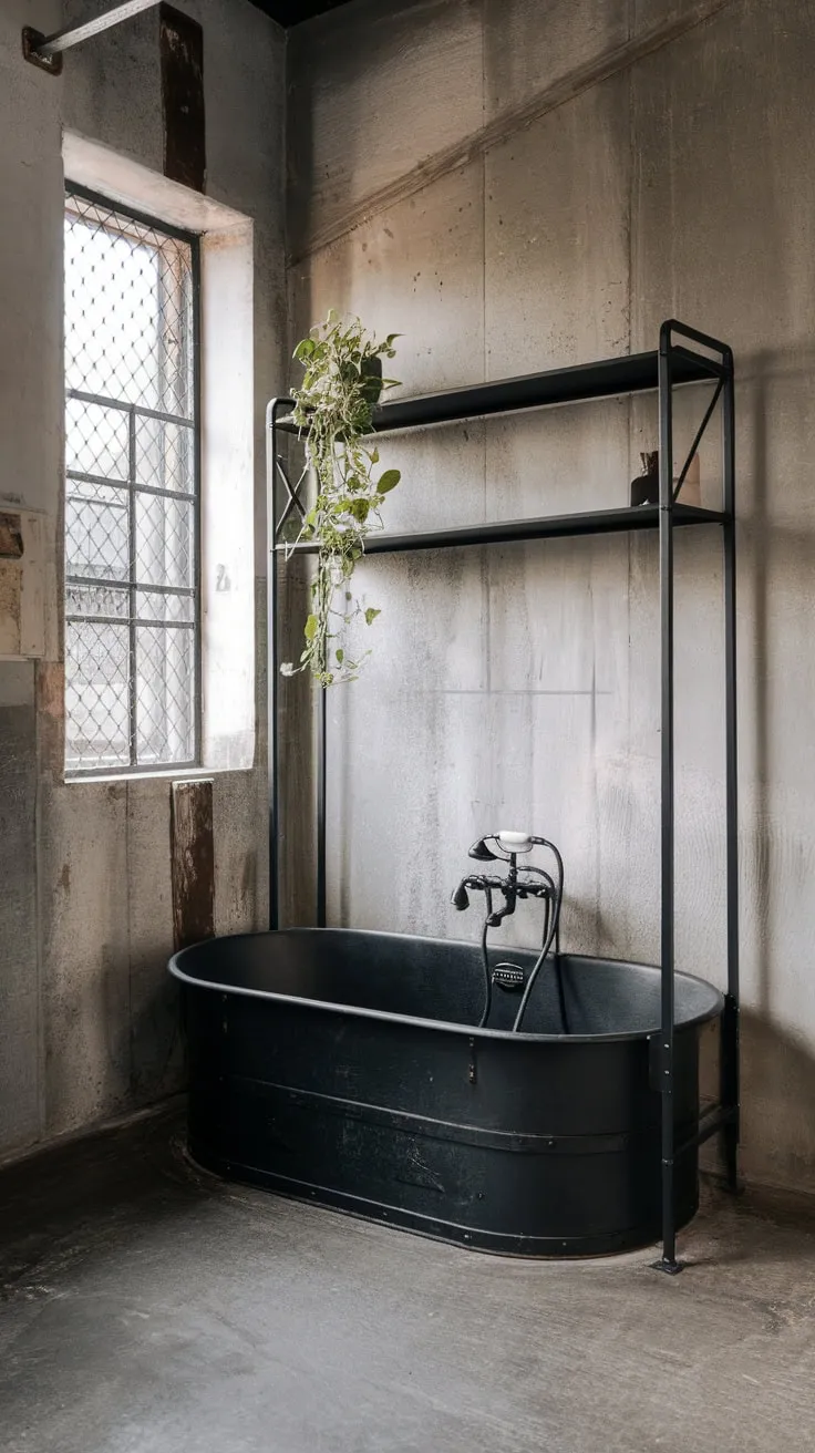 A black metal tub anchors a modern industrial bathroom, its concrete walls bearing the marks of time.