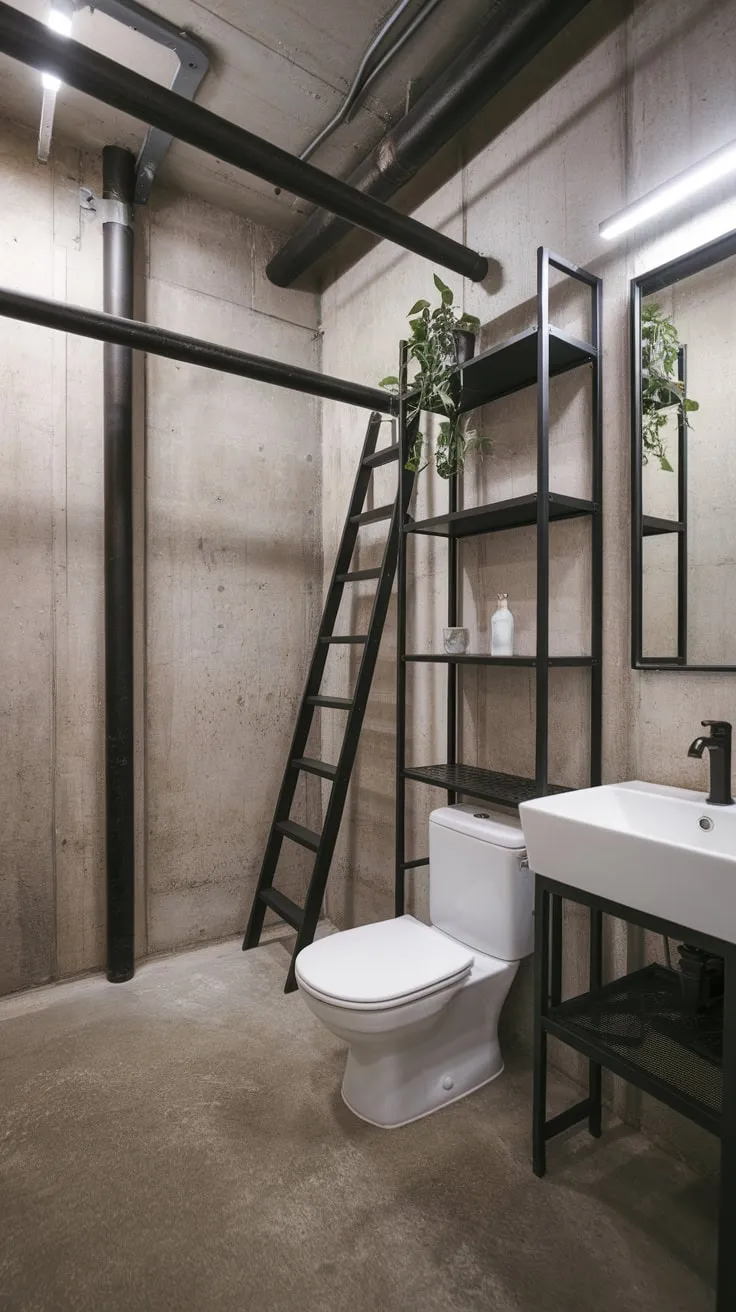 A bright, minimalist industrial bathroom features concrete walls and floors contrasted by black metal fixtures and a touch of greenery.