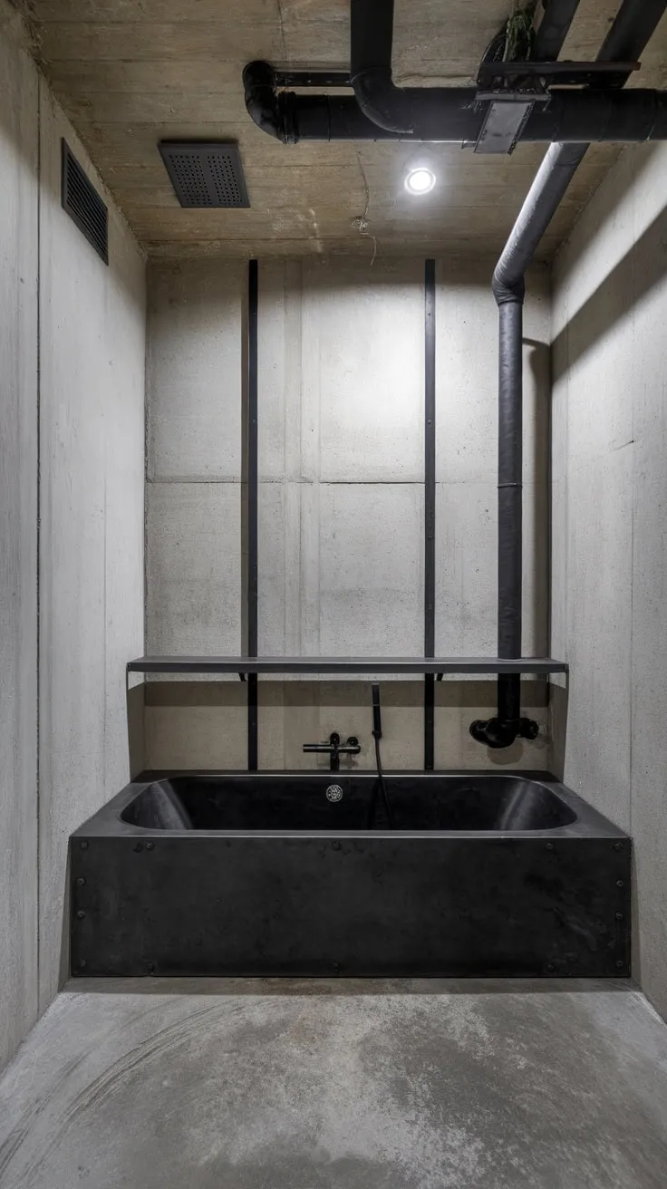A bright, airy industrial bathroom features a black metal tub and shelving against a backdrop of raw concrete.
