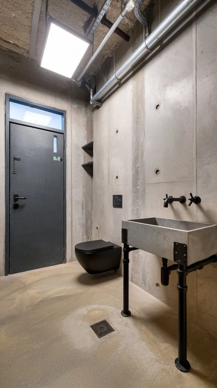 Black metal fixtures and a textured concrete sink highlight the industrial design of this bathroom.