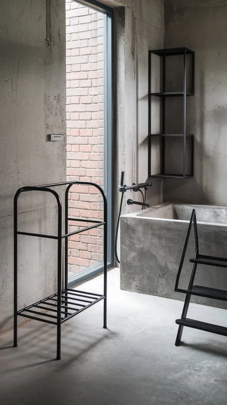 A concrete bathtub, metal ladder, and brick-wall view create a modern industrial bathroom haven.