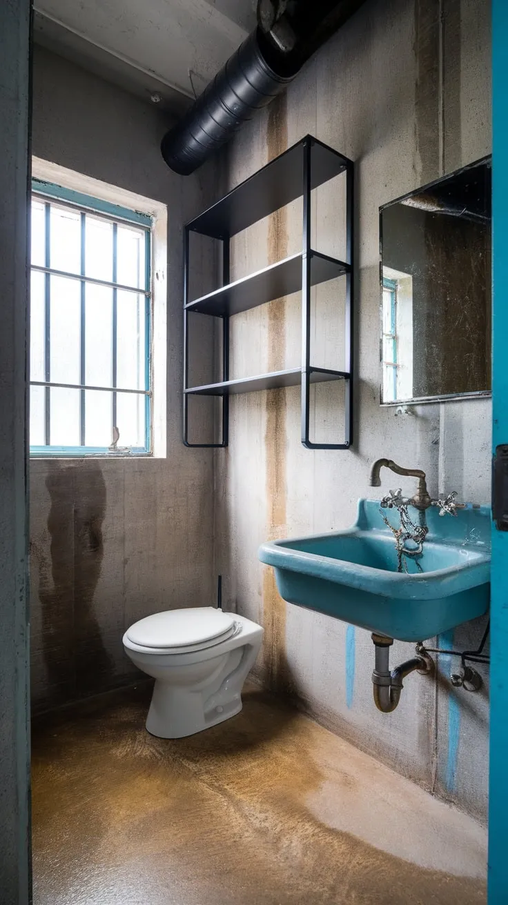 A decaying industrial bathroom's concrete shell reveals its rugged charm through water-stained walls, a leaky faucet, and exposed metalwork.