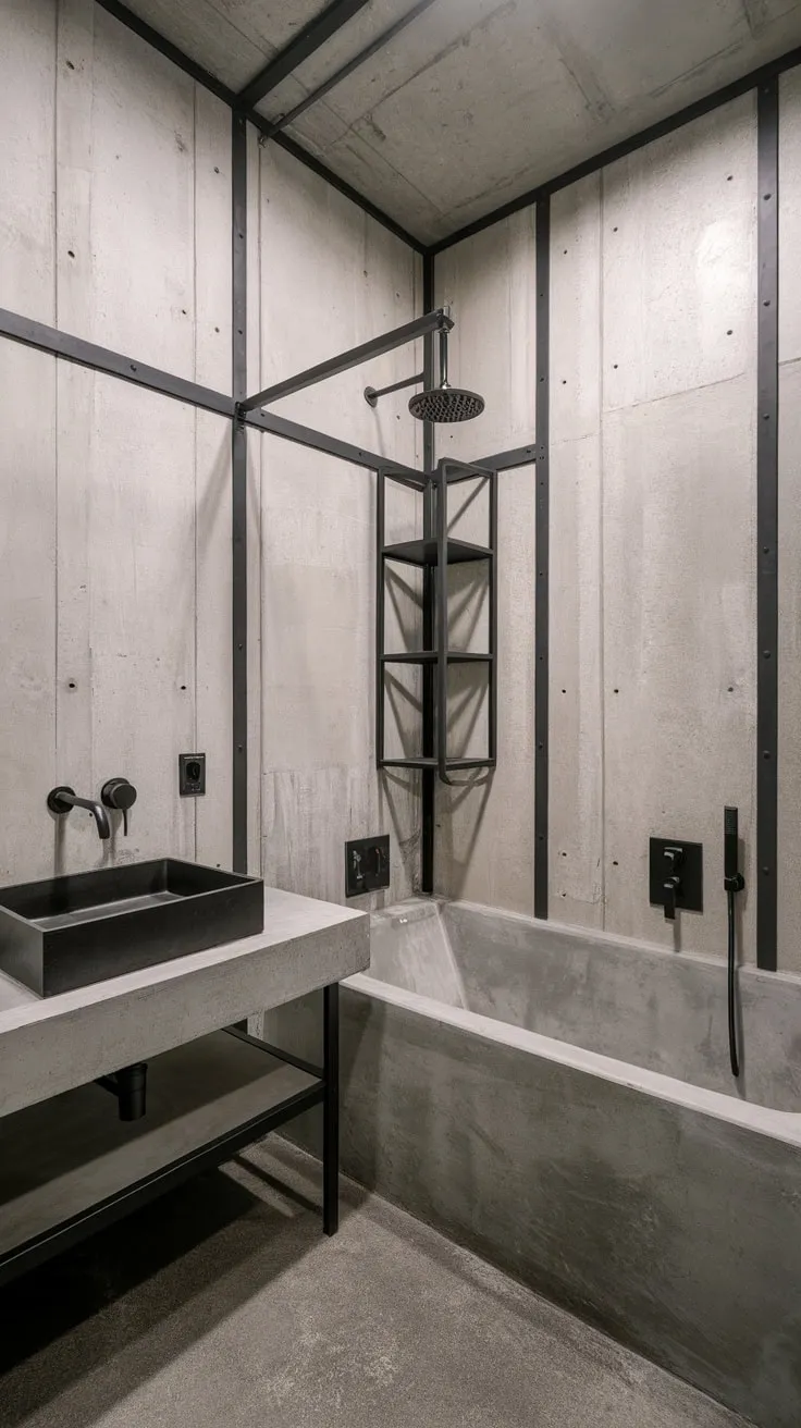 Sleek black metal fixtures and raw concrete create a striking modern industrial bathroom.
