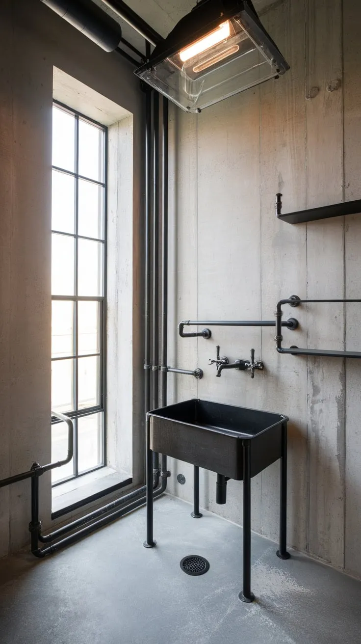 Sleek black metal fixtures and exposed concrete create a dramatic industrial bathroom aesthetic