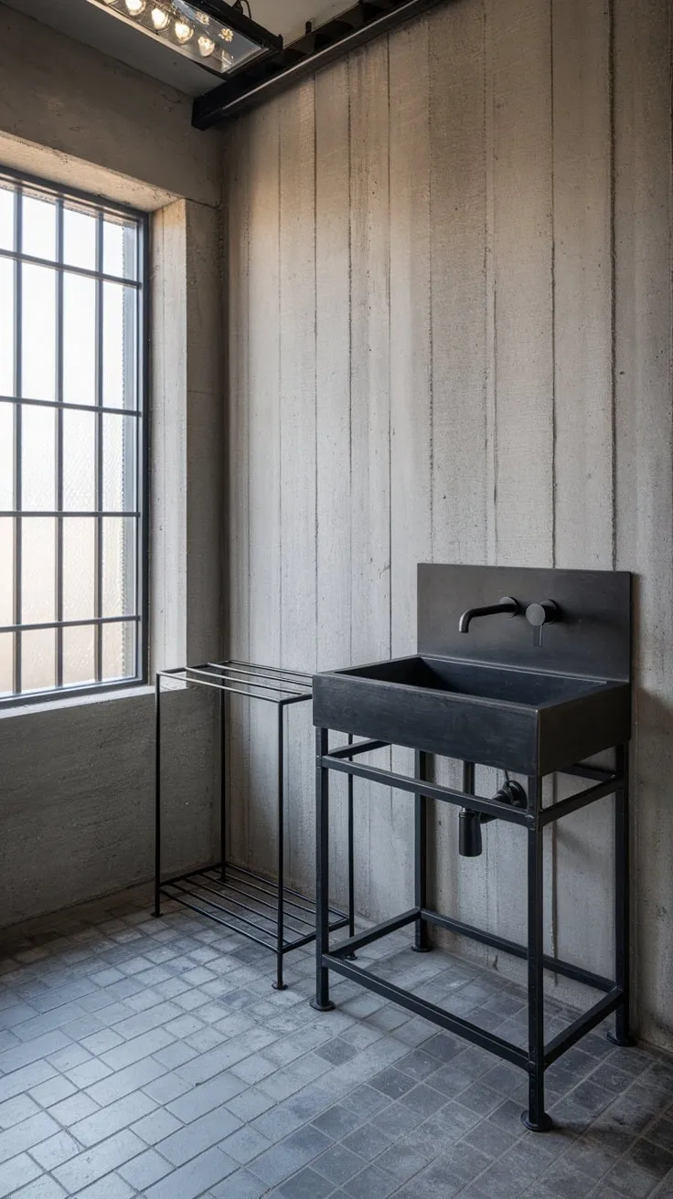 A modern industrial bathroom boasts concrete, metal, and grey tile, creating a ruggedly chic space.