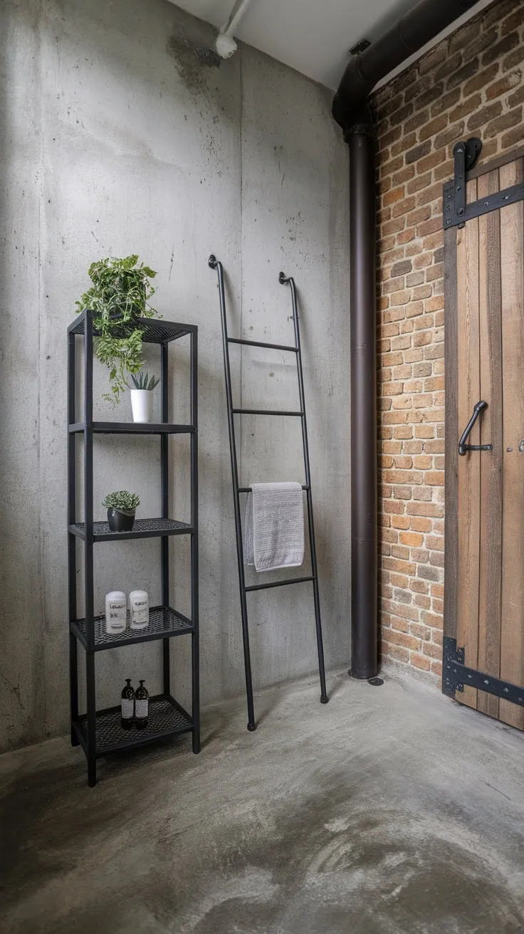 Raw concrete and exposed brick meet modern metal fixtures in this industrial bathroom, creating a stark yet stylish space.