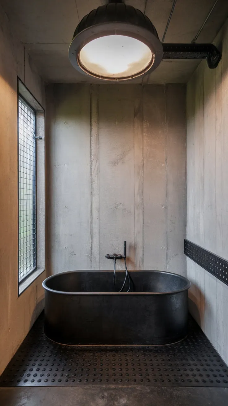 A sleek industrial bathroom boasts concrete walls, a black metal tub and fixtures, and a window with a grate, creating a raw yet refined space