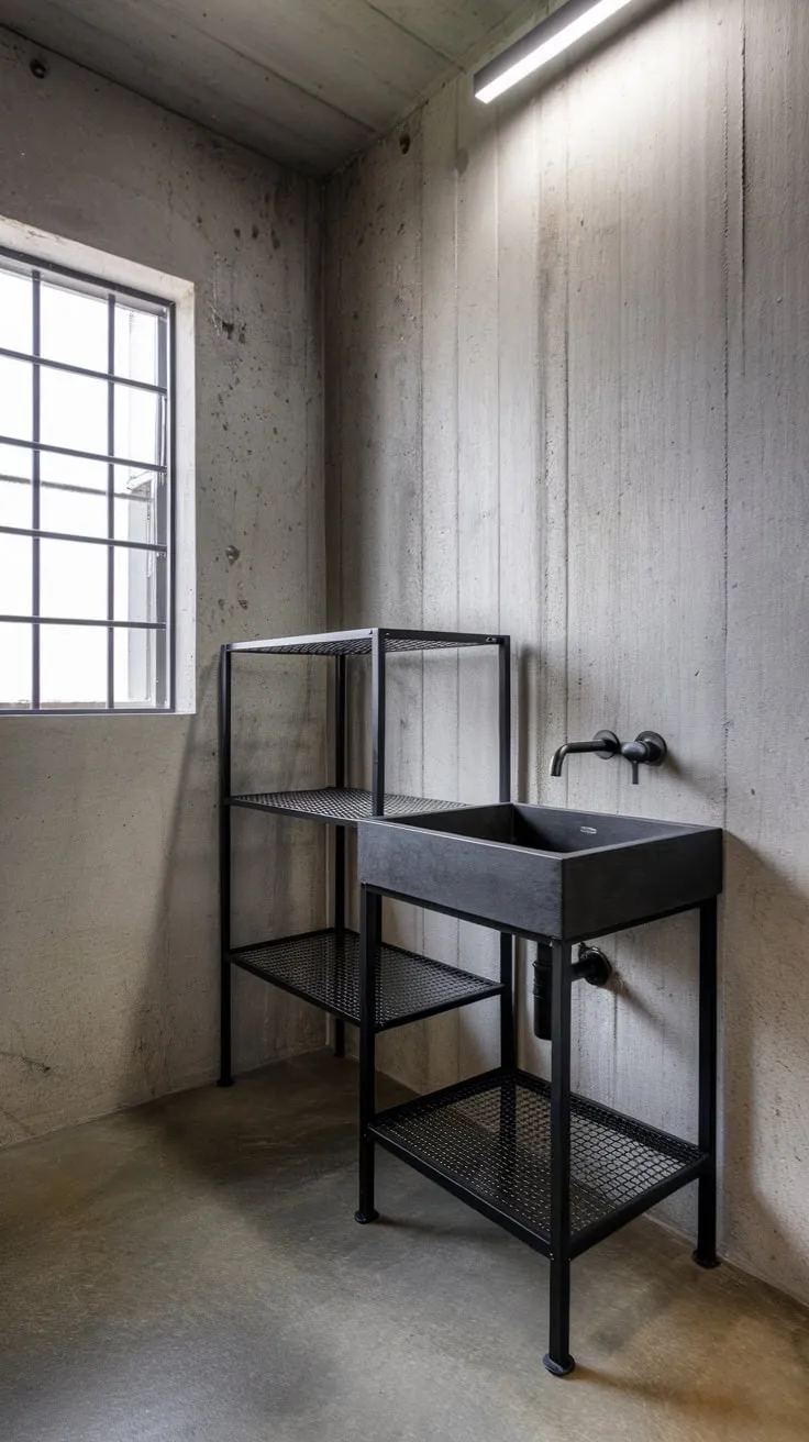 Raw concrete and black metal define this industrial bathroom's stark yet stylish aesthetic, highlighted by a bright window.