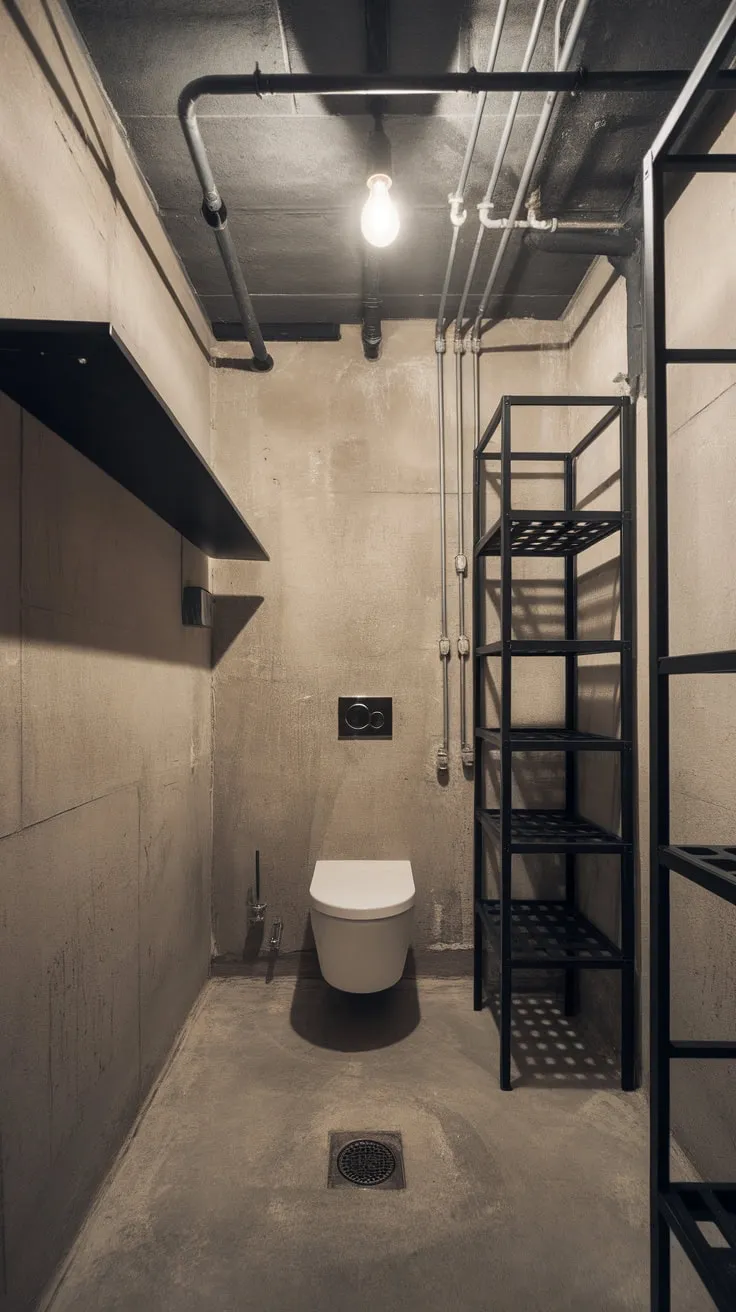 Raw concrete and exposed pipes define this industrial bathroom's stark, minimalist aesthetic