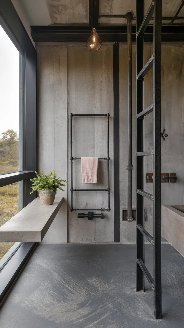A concrete and black metal industrial bathroom boasts a stunning natural vista, blending raw textures with refined style.