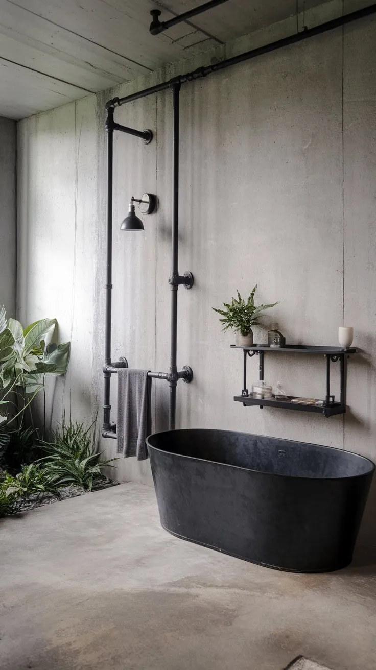 A raw concrete industrial bathroom is softened by greenery and accented with stylish black metal bath elements.