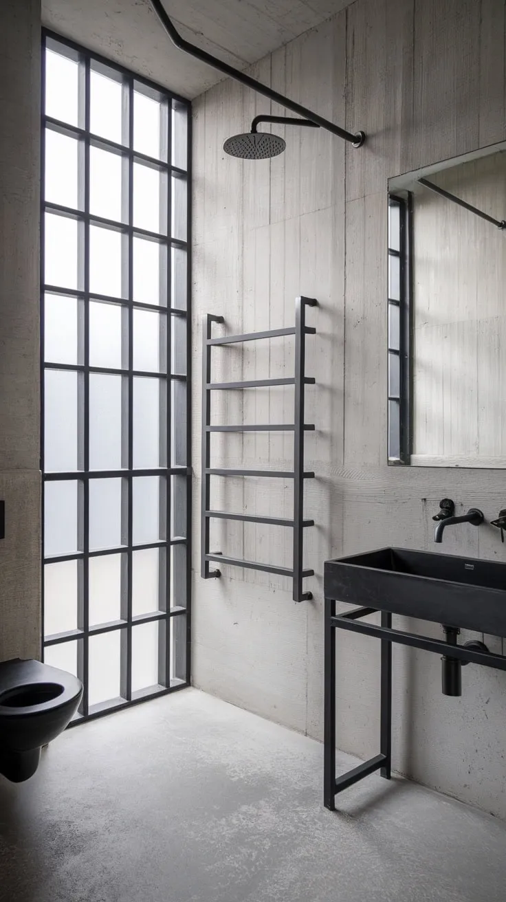 A modern industrial bathroom showcases concrete's raw beauty accented by minimalist black metal details.