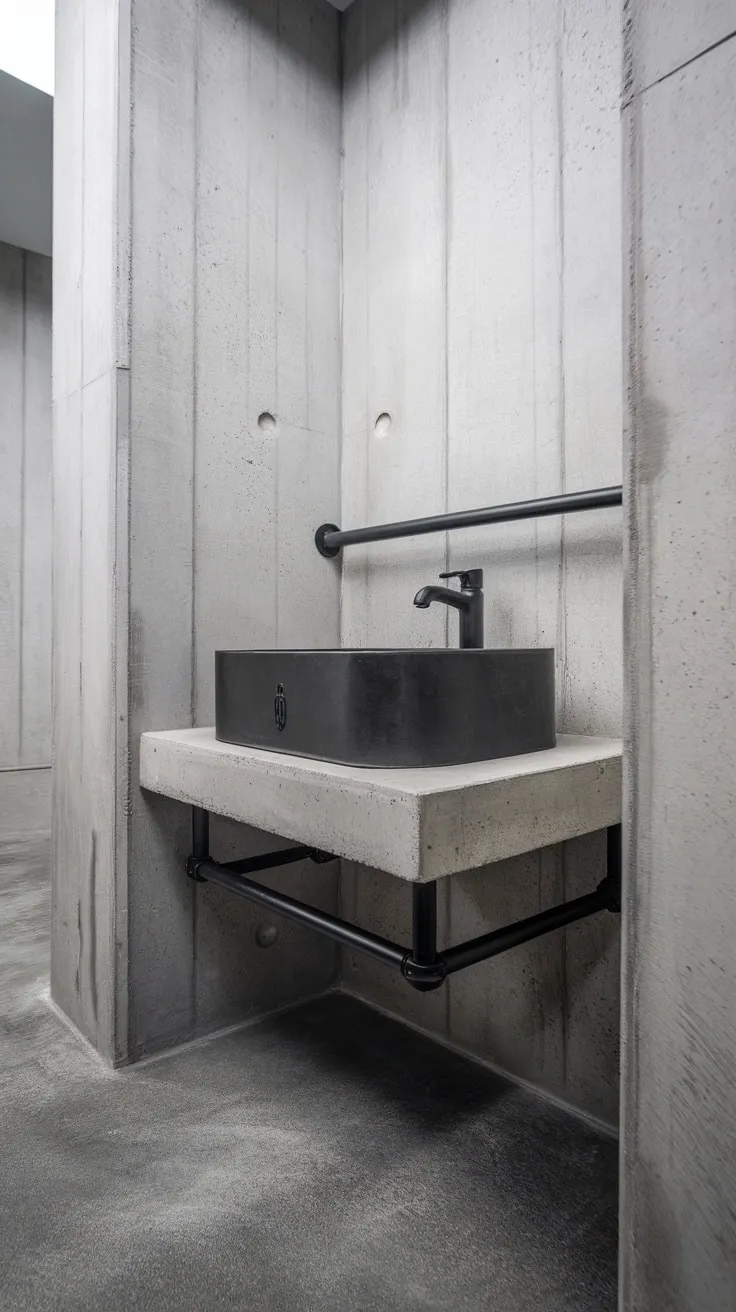 Sleek black metal fixtures and raw concrete create a striking modern industrial bathroom aesthetic