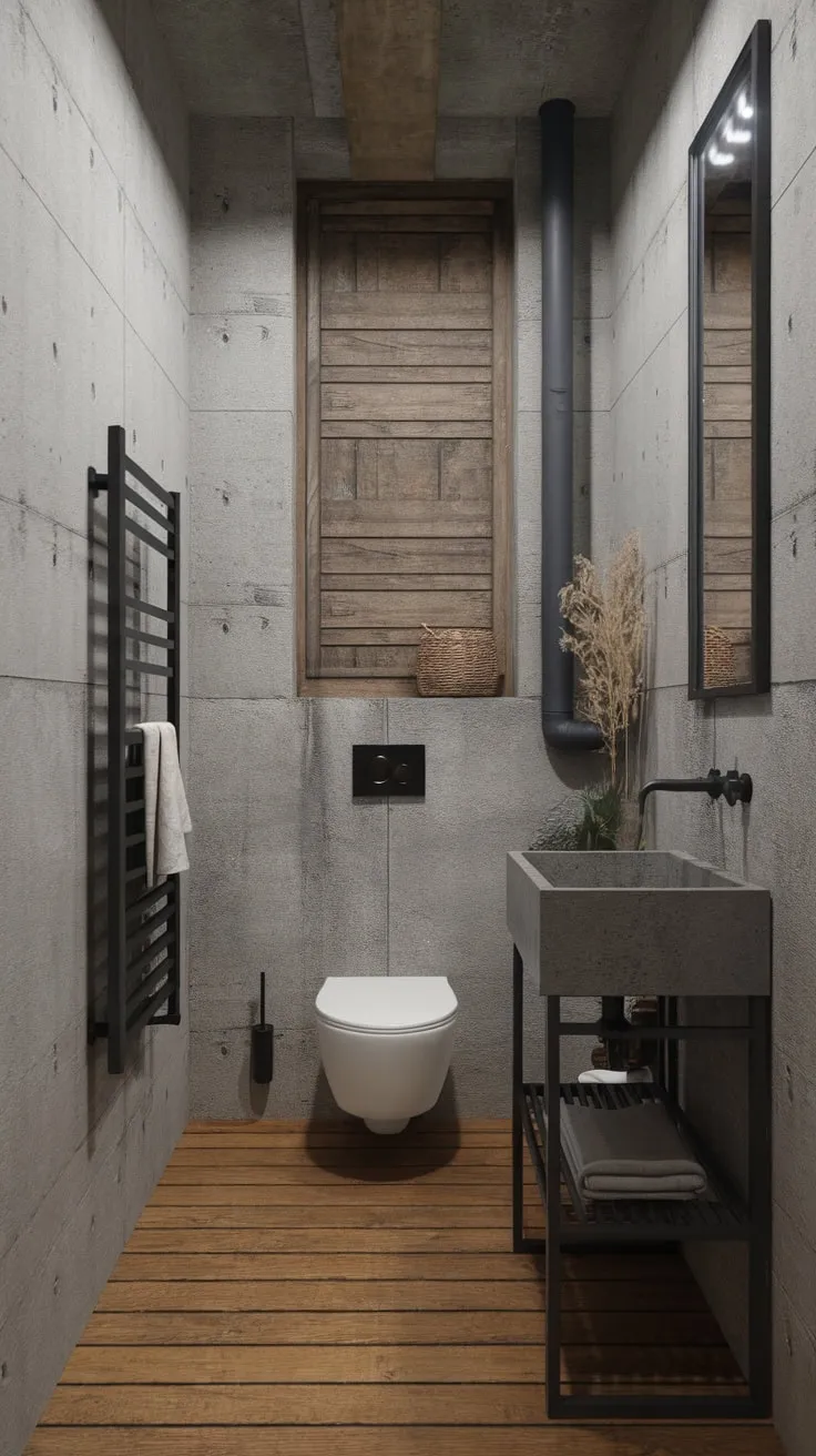 A modern industrial bathroom boasts concrete textures, black metal fixtures, and warm wood flooring for a uniquely stylish space.