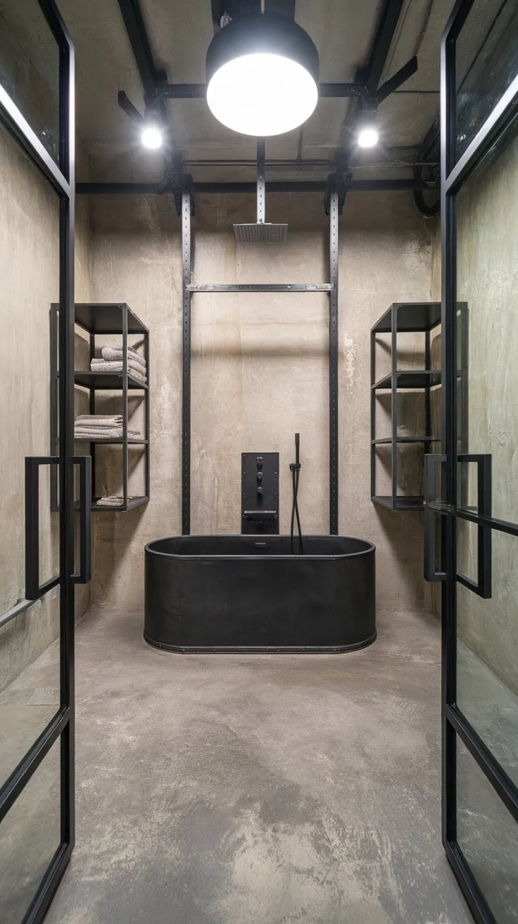 Raw concrete and black metal combine in a modern industrial bathroom featuring a striking freestanding tub and multi-head shower.