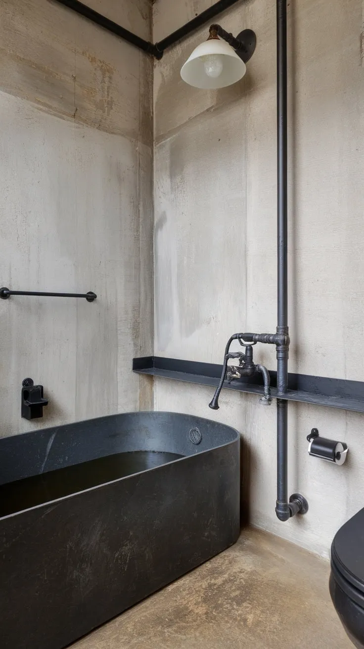 Raw concrete and black metal combine in a modern industrial bathroom, creating a stark yet stylish space.