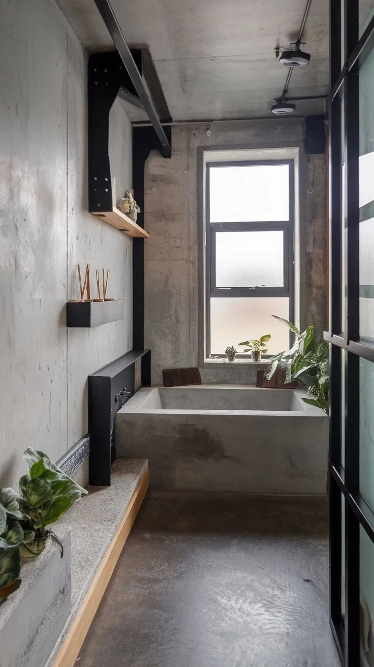 Sleek concrete and black metal define this bright, plant-filled industrial bathroom sanctuary