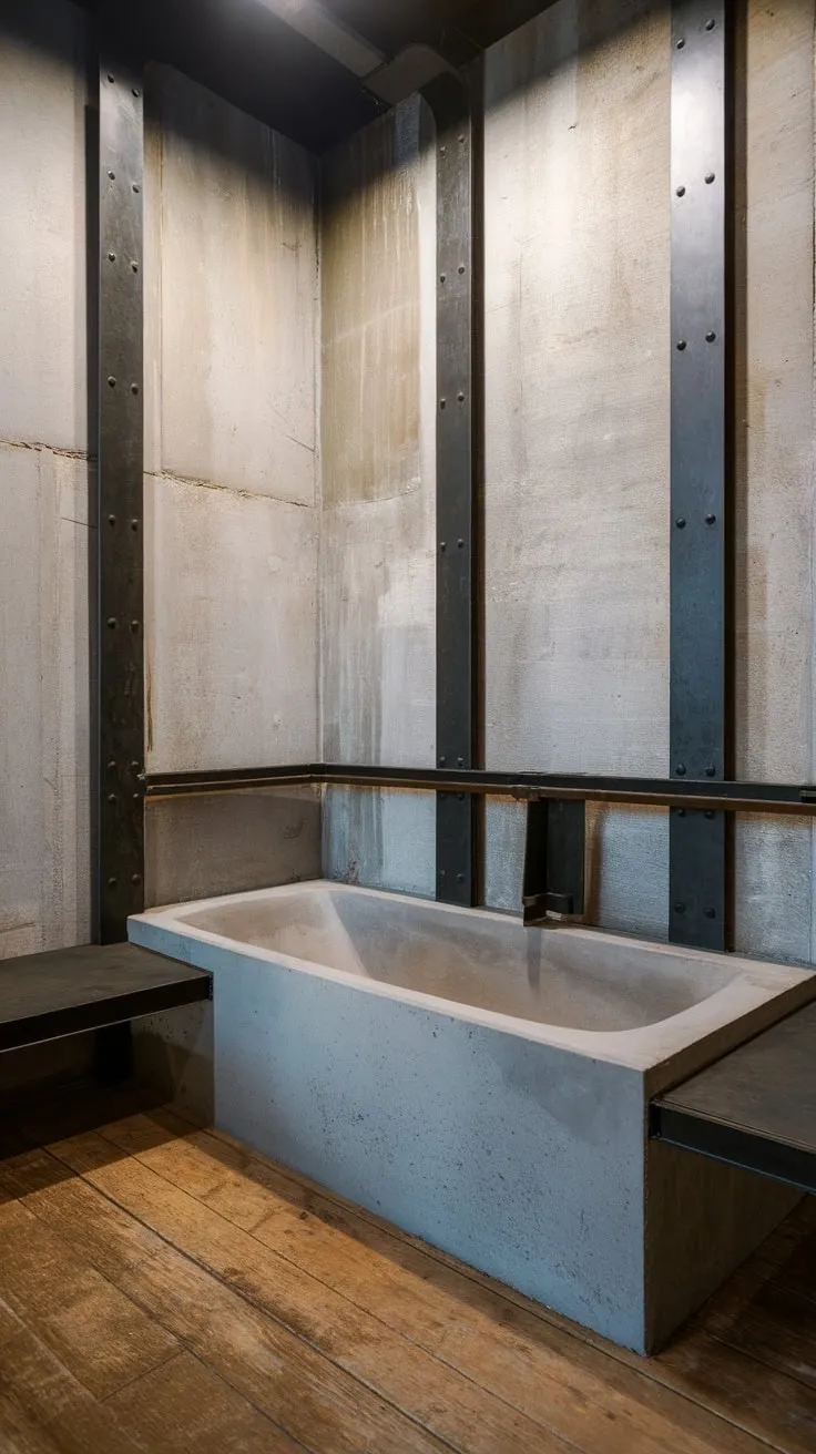 A concrete bathtub and wooden floors create a striking contrast in this bright, industrial bathroom, enhanced by black metal fixtures.