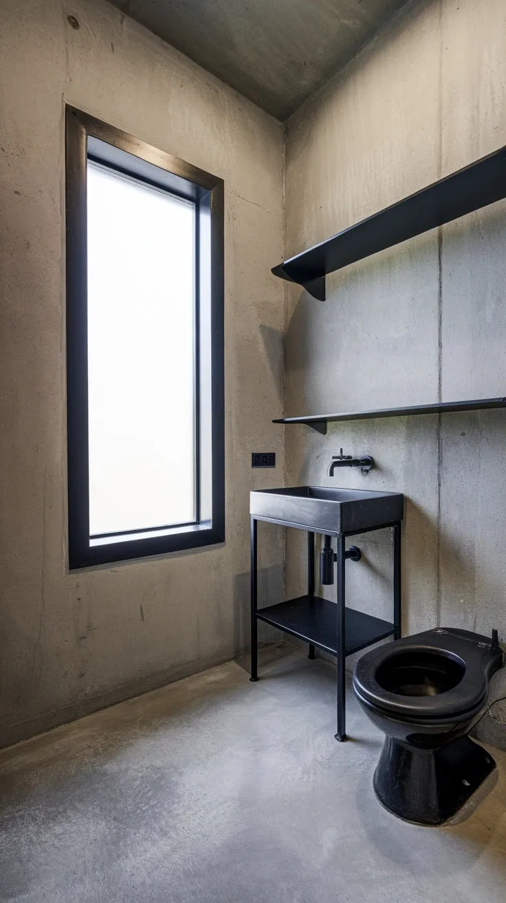 Bright lighting illuminates a stylish industrial bathroom featuring concrete walls, a black metal sink, and a contemporary toilet.