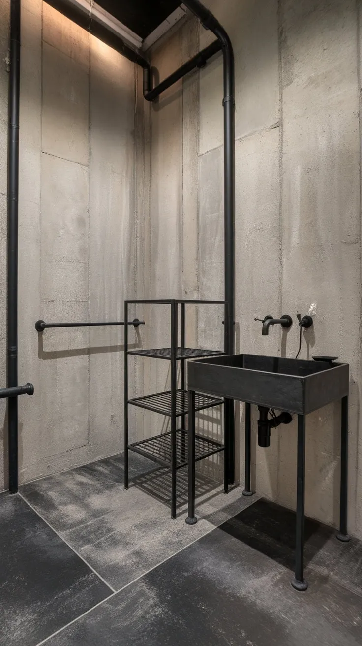 Sleek black metal fixtures and concrete surfaces define this modern industrial bathroom's stark beauty