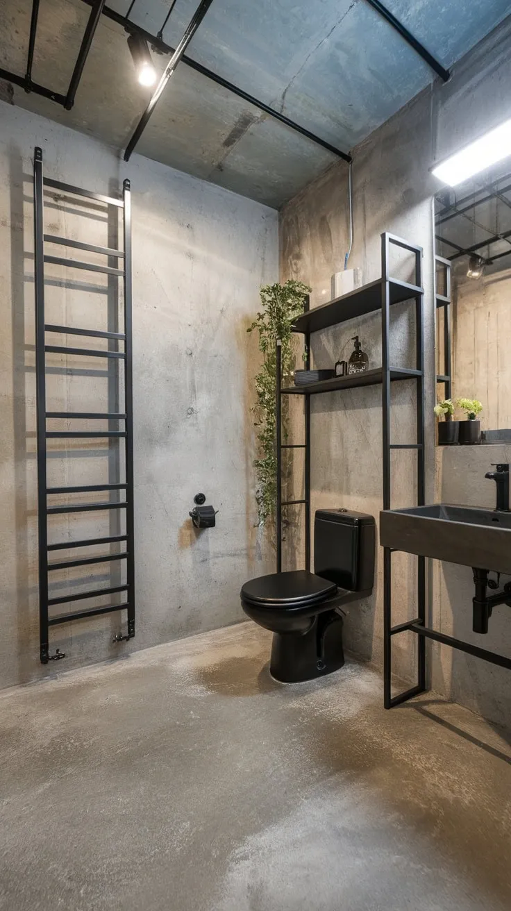 A minimalist industrial bathroom boasts concrete surfaces, black metal fixtures, and pops of greenery under bright lighting.