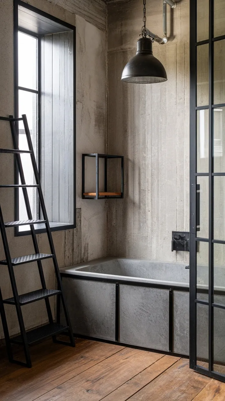 A modern industrial bathroom boasts a rugged concrete and black metal design, highlighted by a ladder shelf and a concrete soaking tub.