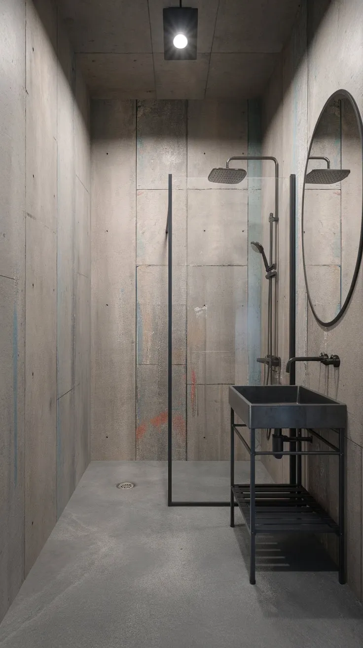 A sleek industrial bathroom showcases textured concrete, dark metal accents, and a central floor drain.