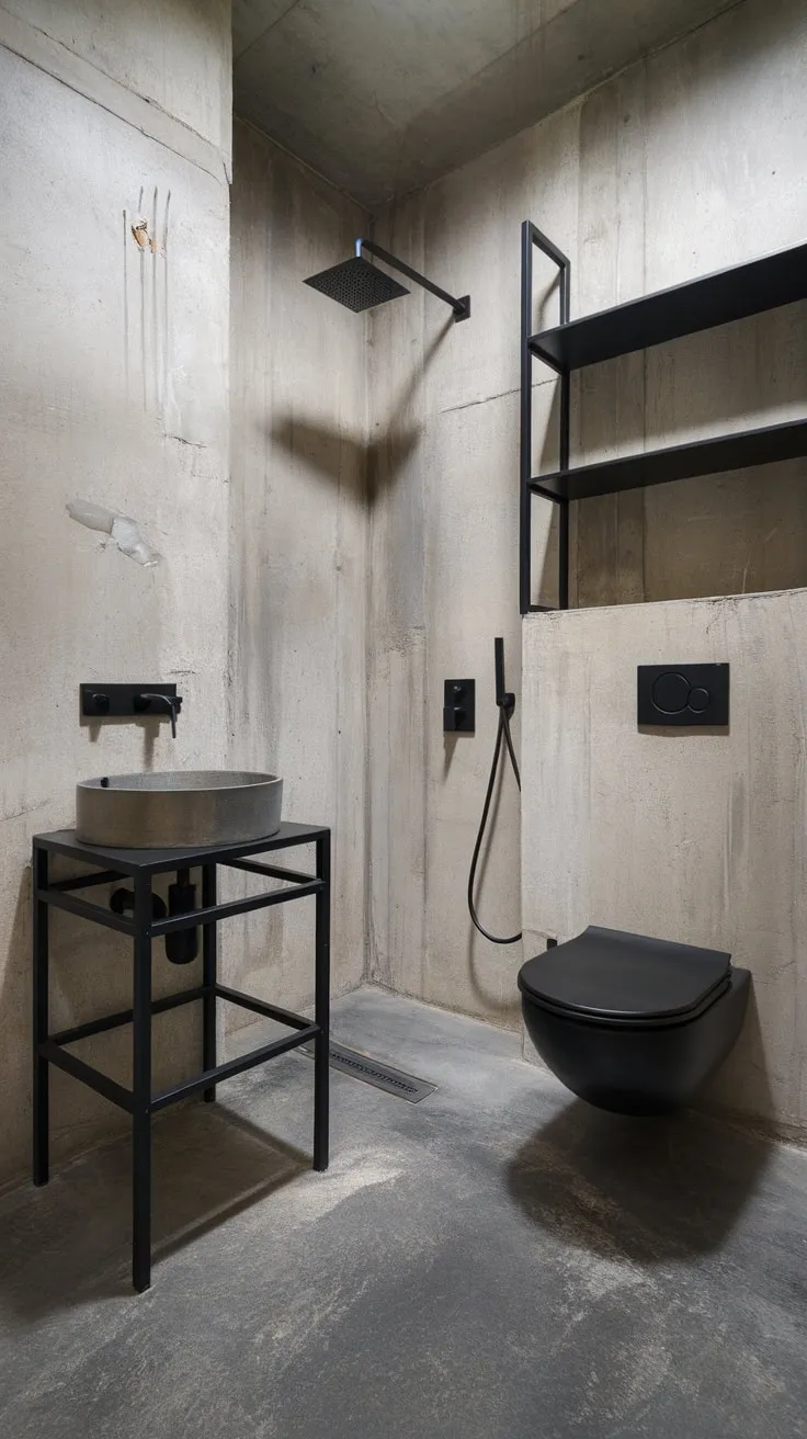 A concrete-walled bathroom boasts a bold industrial aesthetic with black metal accents throughout.