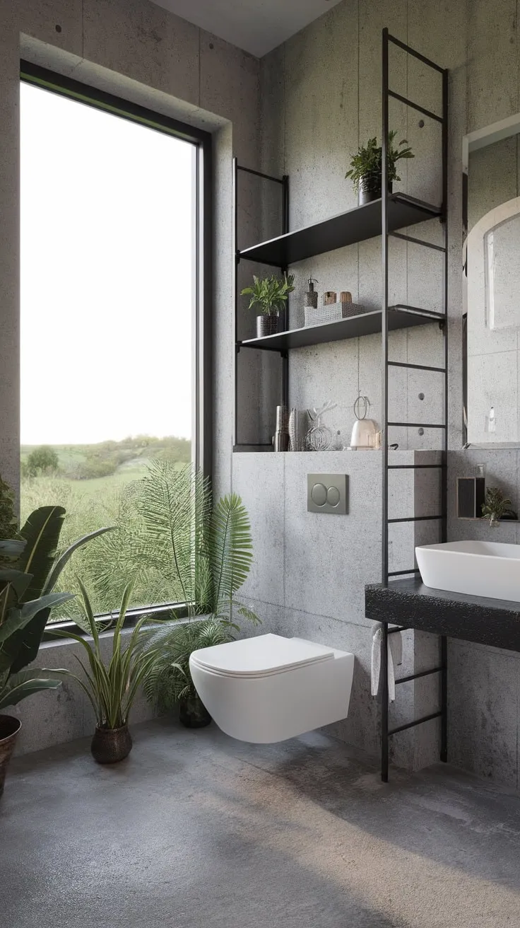 Concrete walls and a verdant landscape create a striking contrast in this modern industrial bathroom.