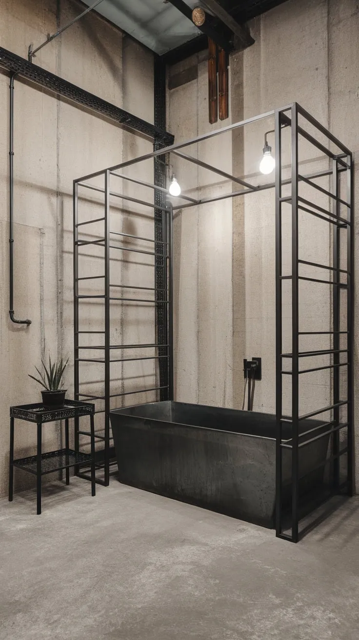Raw concrete and black metal combine in a modern industrial bathroom, creating a stark yet stylish space.