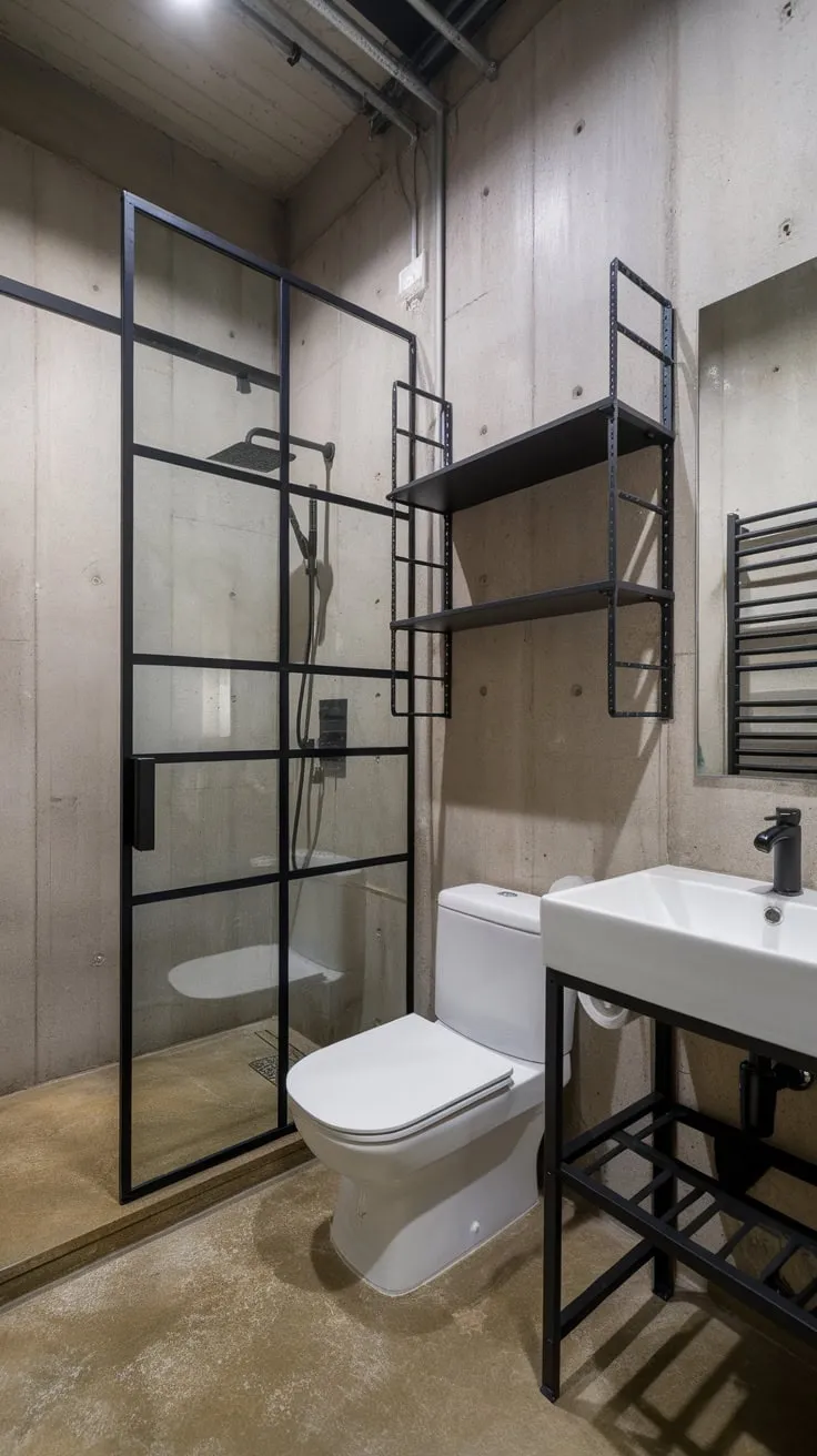 A modern industrial bathroom boasts exposed concrete, black metal fixtures, and bright lighting for a starkly stylish space