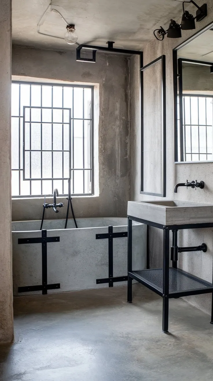 Minimalist industrial design defines this bathroom, featuring concrete fixtures and black metal accents for a stark yet stylish space.