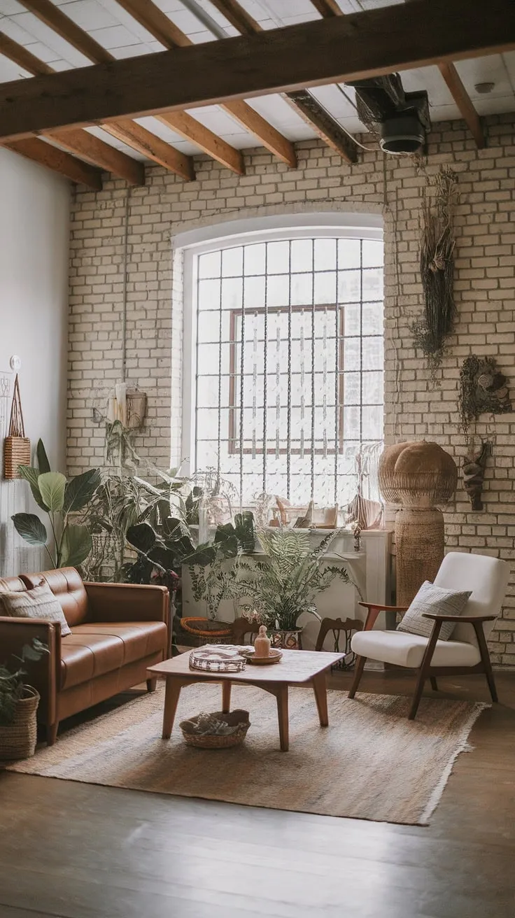Raw textures and refined style collide in this industrial boho living room, showcasing the best of industrial home decor and creating an effortlessly cool industrial apartment interior.  The space effortlessly blends industrial vintage decor with earthy tones for a light industrial living room that's both inviting and inspiring, perfect for industrial apartment inspiration.