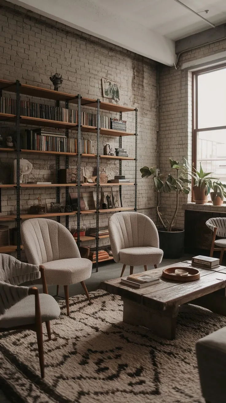 This industrial boho living room effortlessly blends raw industrial elements with warm, earthy tones.  The result is a light industrial living room that feels both modern and inviting, showcasing the best of industrial home decor and industrial vintage decor.  It's the perfect example of industrial apartment inspiration, offering a stylish and comfortable industrial apartment interior.
