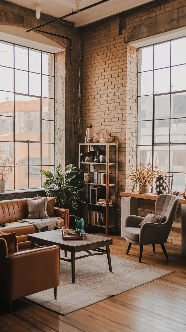 This industrial boho living room effortlessly blends raw industrial elements with warm, earthy tones, creating a space that's both stylish and inviting.  The result is an industrial modern living room decor that feels uniquely personal, offering industrial apartment inspiration for those seeking a balance of rustic charm and contemporary edge.  This light industrial living room showcases the beauty of industrial home decor and industrial vintage decor, making it the perfect example of an industrial apartment interior.