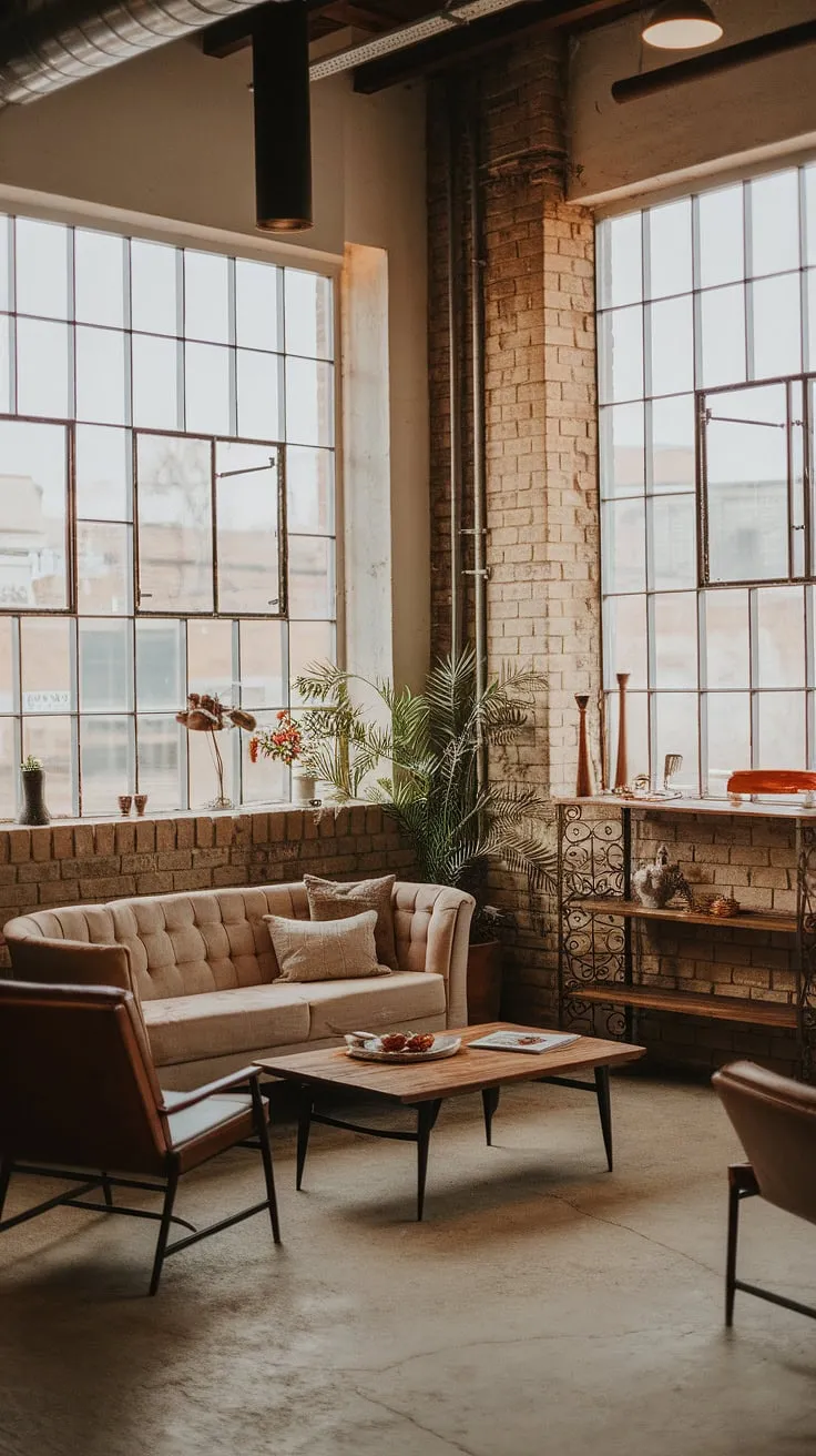 This industrial modern living room decor masterfully blends industrial home decor elements with a touch of bohemian charm.  The space showcases the beauty of industrial earthy living room design, offering a unique and inviting industrial apartment inspiration.
