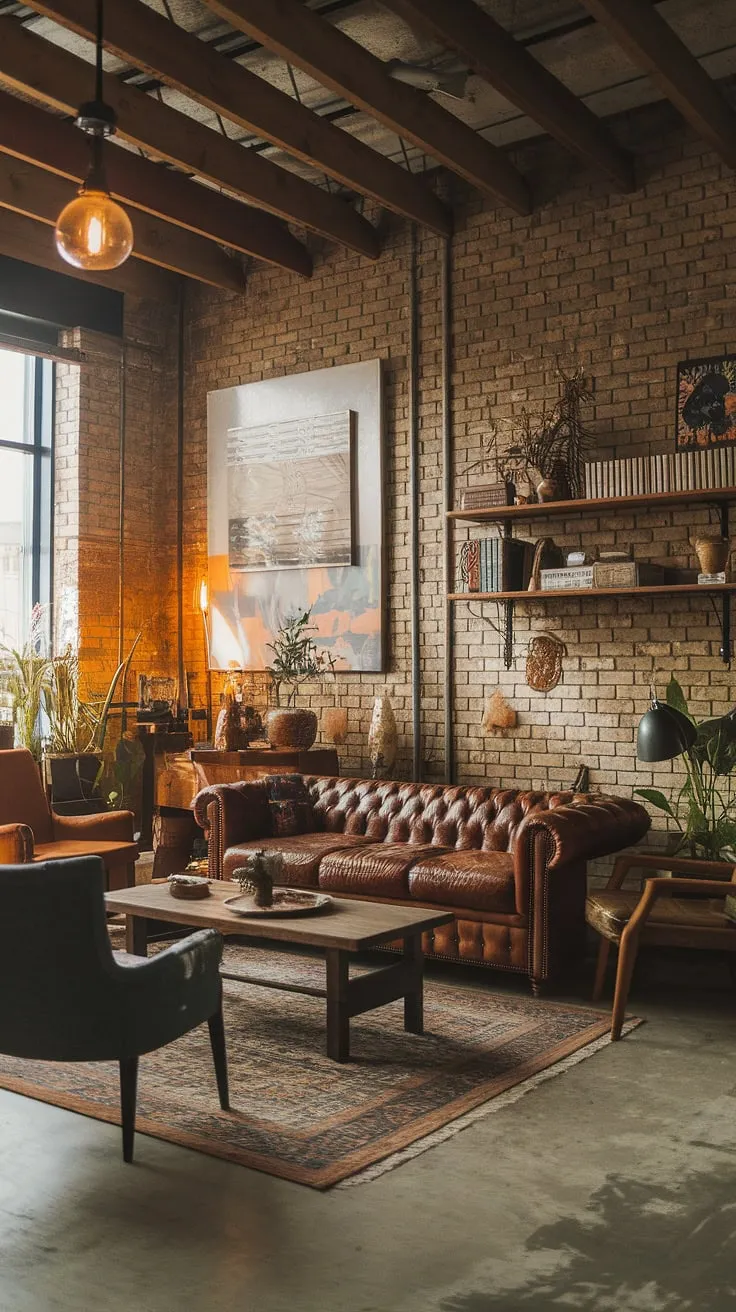 This industrial boho living room seamlessly blends raw industrial elements with warm, earthy tones, creating a space that's both stylish and inviting.  The result is an industrial modern living room decor that feels effortlessly chic, offering industrial apartment inspiration for those seeking a unique and comfortable home.  Industrial vintage decor accents add character, while the light industrial living room feel keeps the space airy and bright. This industrial apartment interior is a testament to the beauty of blending contrasting styles.