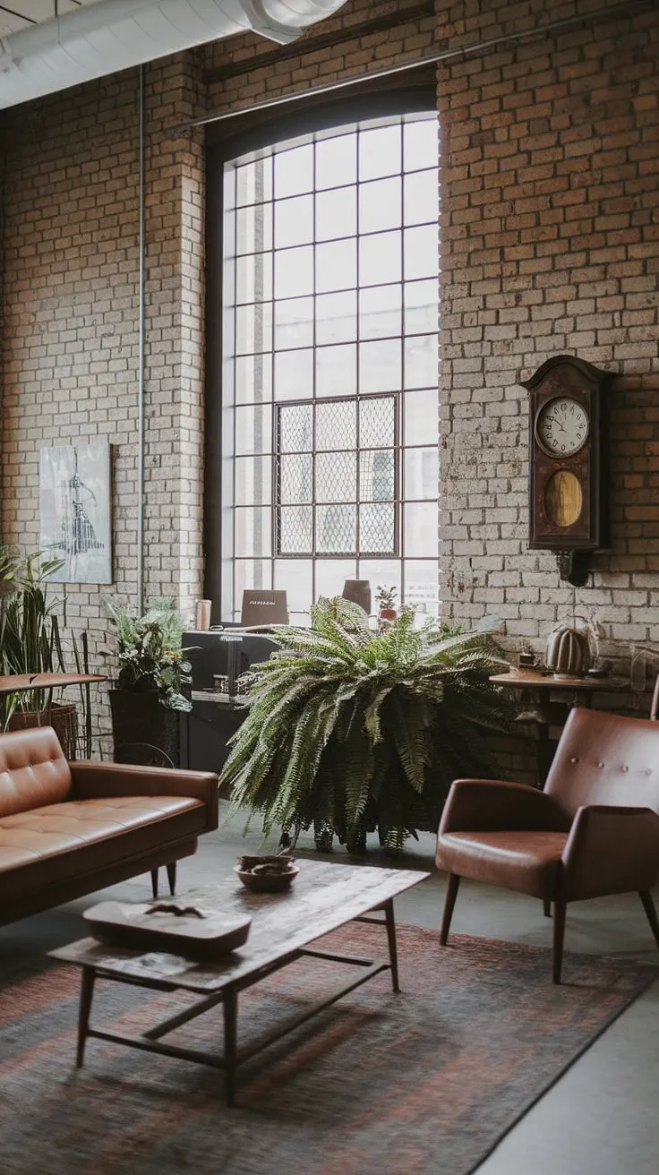 Raw textures and reclaimed wood meet modern comfort in this industrial boho living room.  The space effortlessly blends industrial home decor with earthy tones, creating an industrial apartment interior that's both stylish and inviting.  This light industrial living room offers a perfect example of industrial modern living room decor and industrial vintage decor, providing ample industrial apartment inspiration.