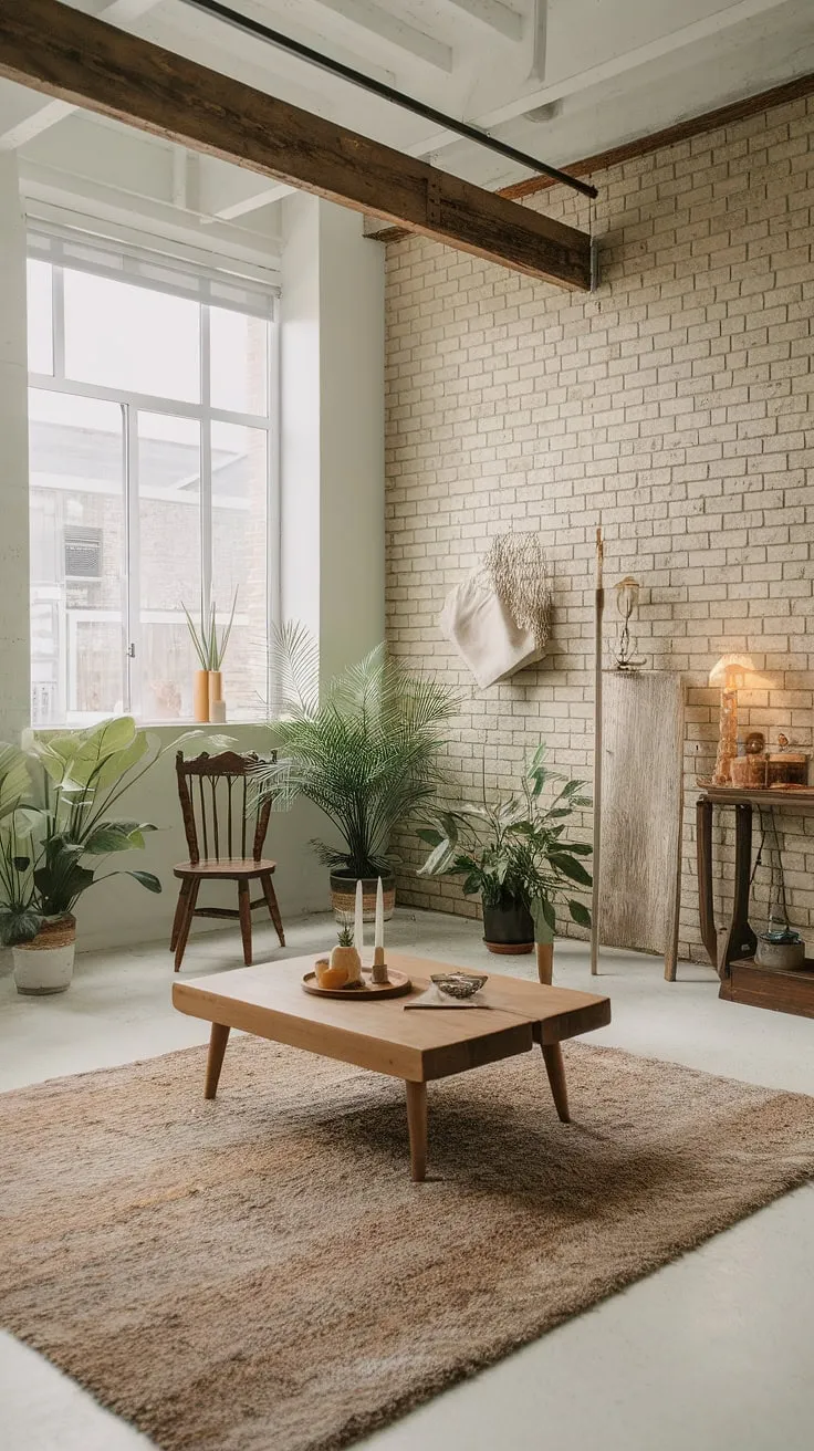 Raw textures and reclaimed wood meet modern minimalism in this industrial boho living room, creating an effortlessly cool industrial apartment interior.  The space perfectly blends industrial home decor with earthy tones for a light industrial living room that's both stylish and inviting, offering plenty of industrial apartment inspiration.