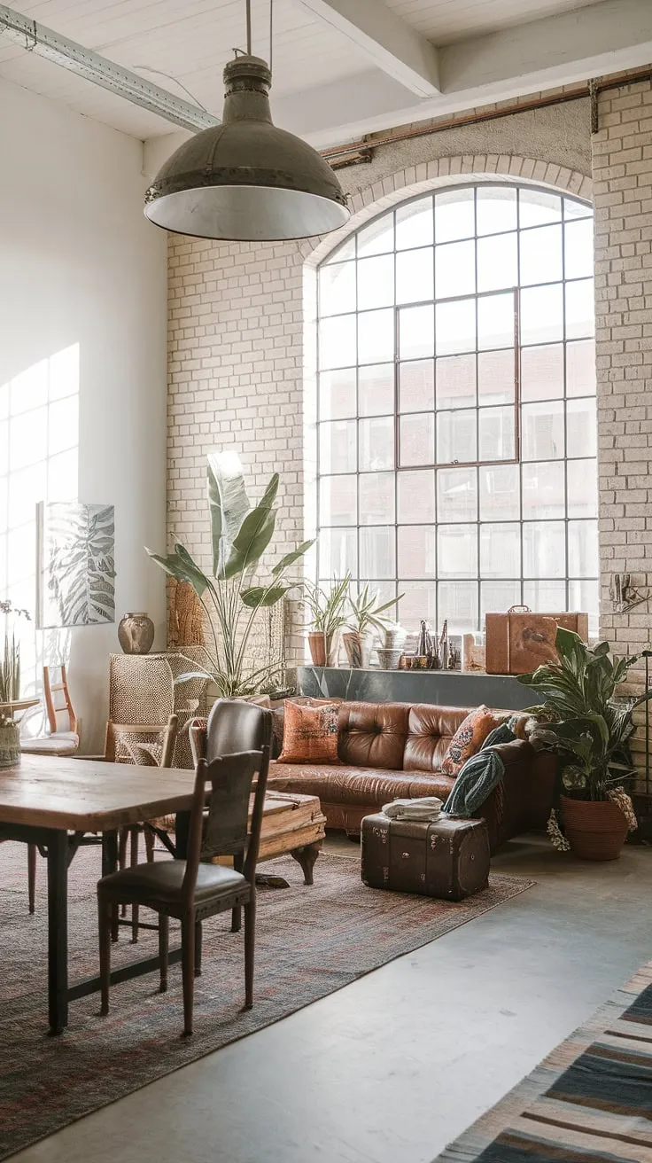This industrial boho living room effortlessly blends raw industrial elements with warm, earthy tones.  The result? An industrial modern living room decor that's both stylish and inviting, offering a perfect blend of industrial home decor and vintage charm.  It's the ultimate industrial apartment inspiration, showcasing how a light industrial living room can feel incredibly cozy and lived-in. This industrial apartment interior proves that industrial vintage decor doesn't have to be cold; it can be surprisingly earthy and welcoming.