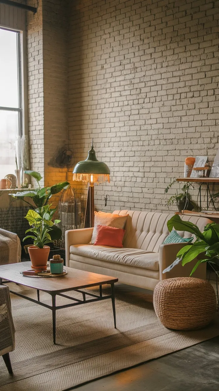 Warmth meets grit in this industrial boho living room.  The exposed brick walls and vintage lamp create an industrial vintage decor aesthetic, while the woven rug and plush sofa inject a touch of bohemian charm. This industrial apartment interior offers a perfect blend of industrial modern living room decor and industrial earthy living room style, making it the ultimate industrial apartment inspiration for a light industrial living room.