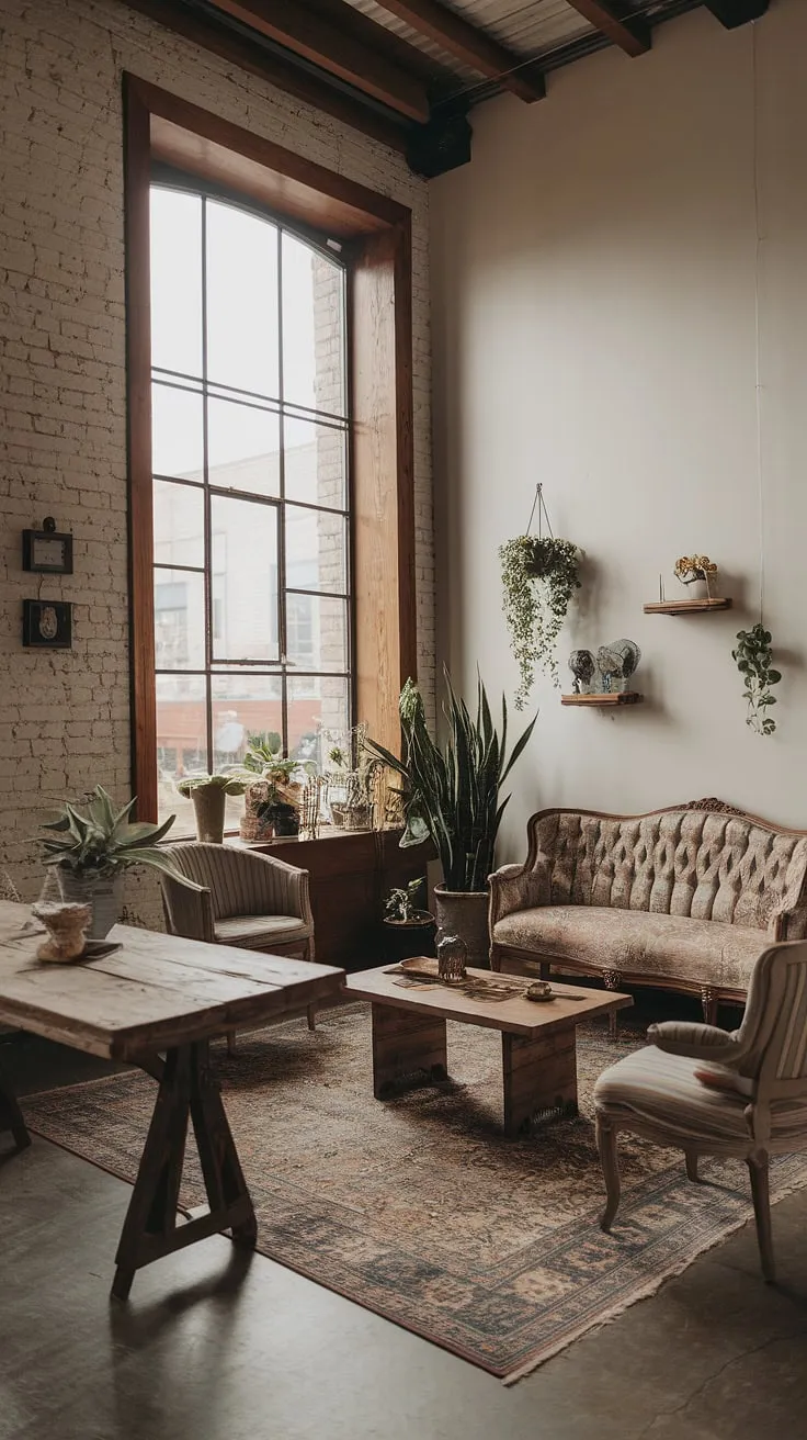 This industrial boho living room effortlessly blends vintage charm with modern industrial design.  The exposed brick, high ceilings, and rustic wooden furniture create a warm and inviting atmosphere, perfect for an industrial apartment interior.  Notice the thoughtful touches of industrial vintage decor and the way the light industrial living room feels both spacious and cozy. This is industrial home decor at its finest, offering industrial apartment inspiration for those seeking an earthy, yet stylish space.