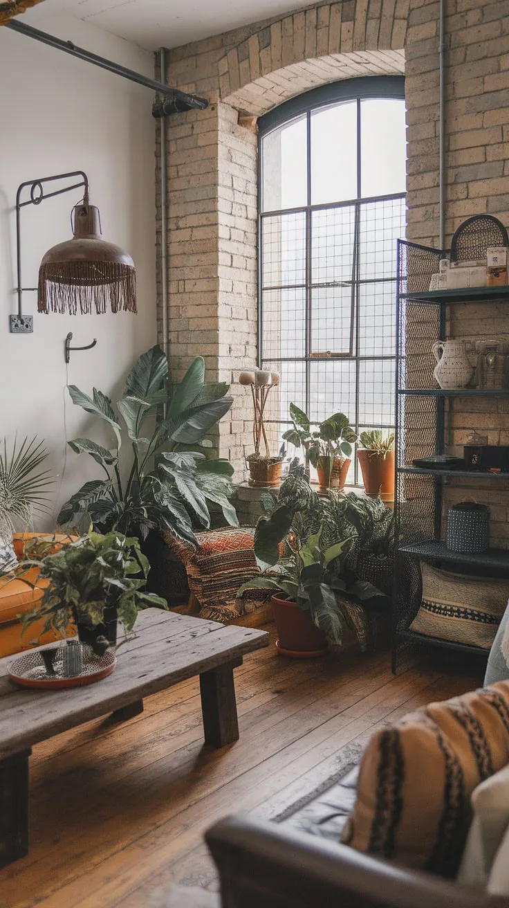 This industrial boho living room effortlessly blends raw industrial elements with warm, earthy tones, creating a space that's both stylish and inviting. The result is an industrial modern living room decor that's perfect for apartment inspiration, showcasing the best of industrial home decor and industrial vintage decor in a light industrial living room setting.  This industrial apartment interior is a testament to how seamlessly industrial earthy living room styles can coexist.