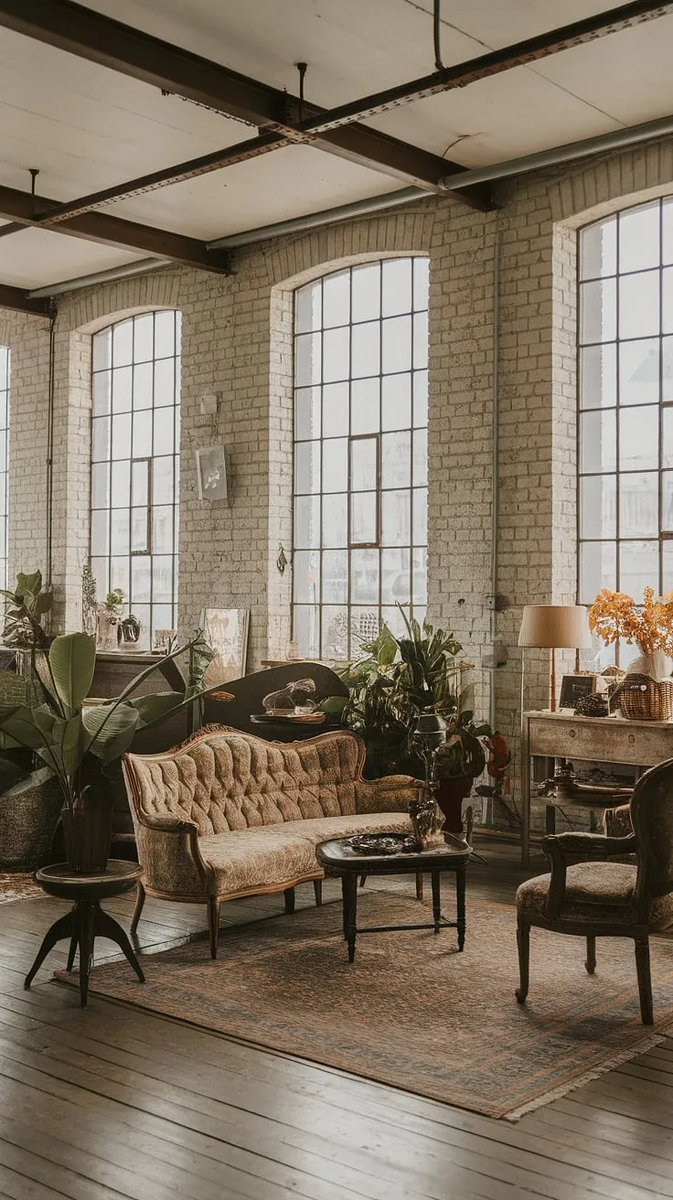 Exposed brick walls and metal beams meet plush vintage textiles in this light industrial living room.  The result? An effortlessly cool industrial home decor aesthetic that's both stylish and comfortable. This industrial apartment inspiration perfectly balances industrial vintage decor with bohemian touches, creating an inviting and unique industrial earthy living room.  The space is a testament to the beauty of blending industrial modern living room decor with a touch of the unexpected.