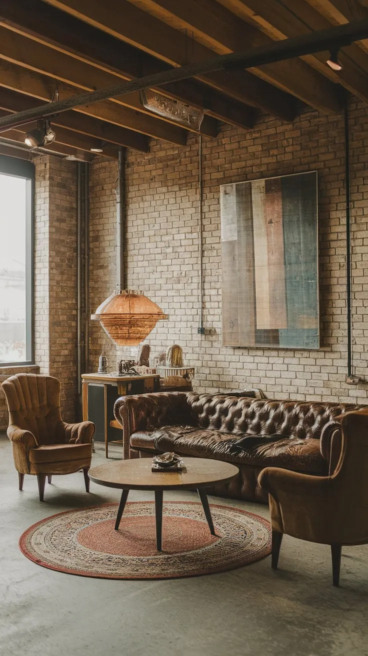 Raw textures and refined style collide in this industrial boho living room.  The space effortlessly blends industrial home decor with earthy tones, creating an industrial apartment interior that's both inviting and inspiring.  A perfect example of light industrial living room design, showcasing industrial modern living room decor and industrial vintage decor elements.