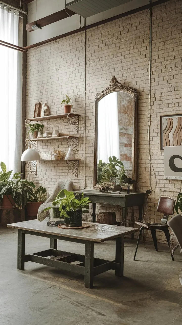 Warmth meets grit in this industrial earthy living room.  Industrial vintage decor pieces add character and history to the space, while the carefully curated textures and lighting create a cozy atmosphere. This industrial apartment interior is a testament to the versatility of industrial modern living room decor, offering a fresh take on industrial apartment inspiration.