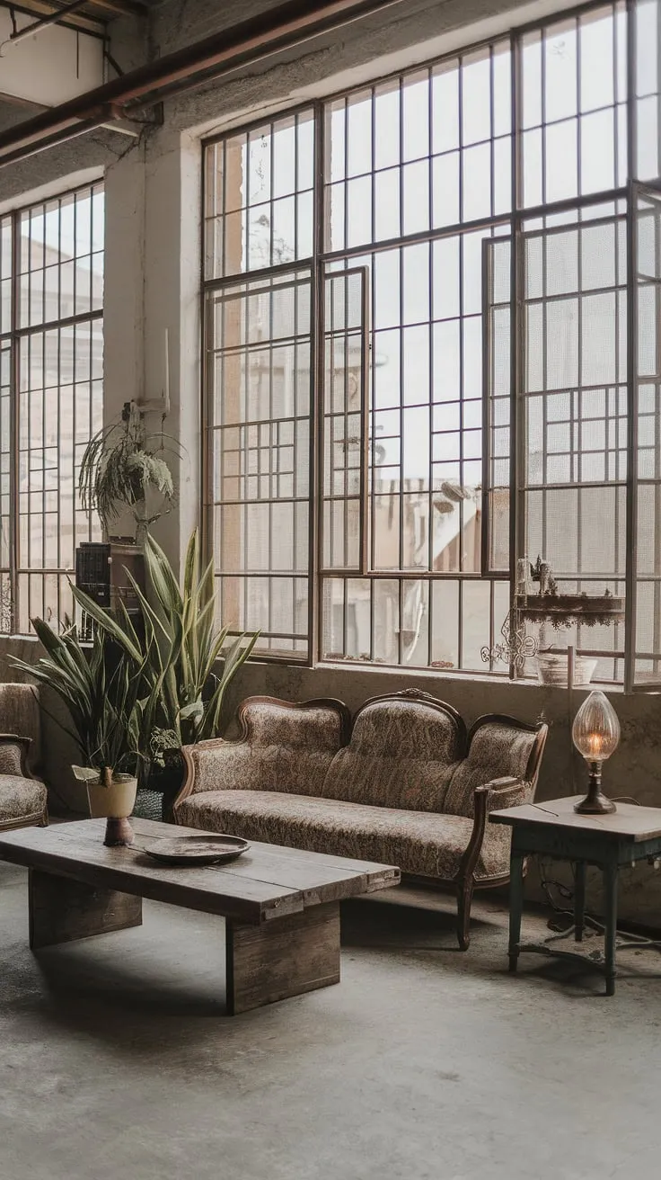 An industrial modern living room decor that's anything but cold.  This industrial earthy living room showcases the beauty of blending industrial vintage decor with natural materials, resulting in a sophisticated and inviting industrial apartment interior.  The light industrial living room design offers plenty of inspiration for your own industrial home decor project.