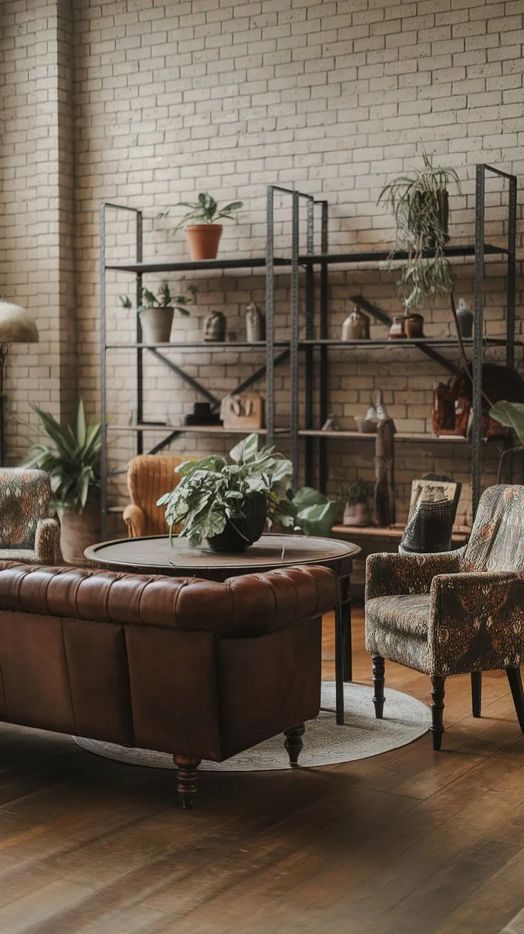 Industrial apartment interior goals! This light industrial living room is a masterclass in blending textures and styles. The brown leather sofa, patterned armchairs, and round wooden table create a cozy focal point within the raw, exposed brick setting.  Metal shelving displays potted plants and decorative items, completing the industrial boho living room aesthetic.  This space perfectly embodies industrial earthy living room design and offers plenty of industrial home decor inspiration.