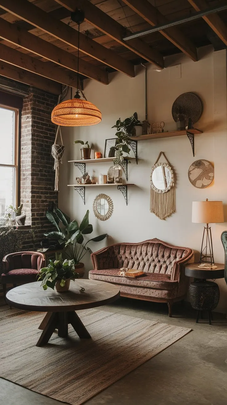 This industrial vintage decor living room effortlessly marries industrial elements with bohemian charm.  The exposed brick walls and concrete floor provide a raw backdrop for the rich textures and warm lighting, creating an industrial boho living room that's both sophisticated and relaxed.  This industrial apartment interior is the perfect example of industrial apartment inspiration, showcasing how to blend industrial home decor with a touch of earthy warmth for a truly unique light industrial living room.